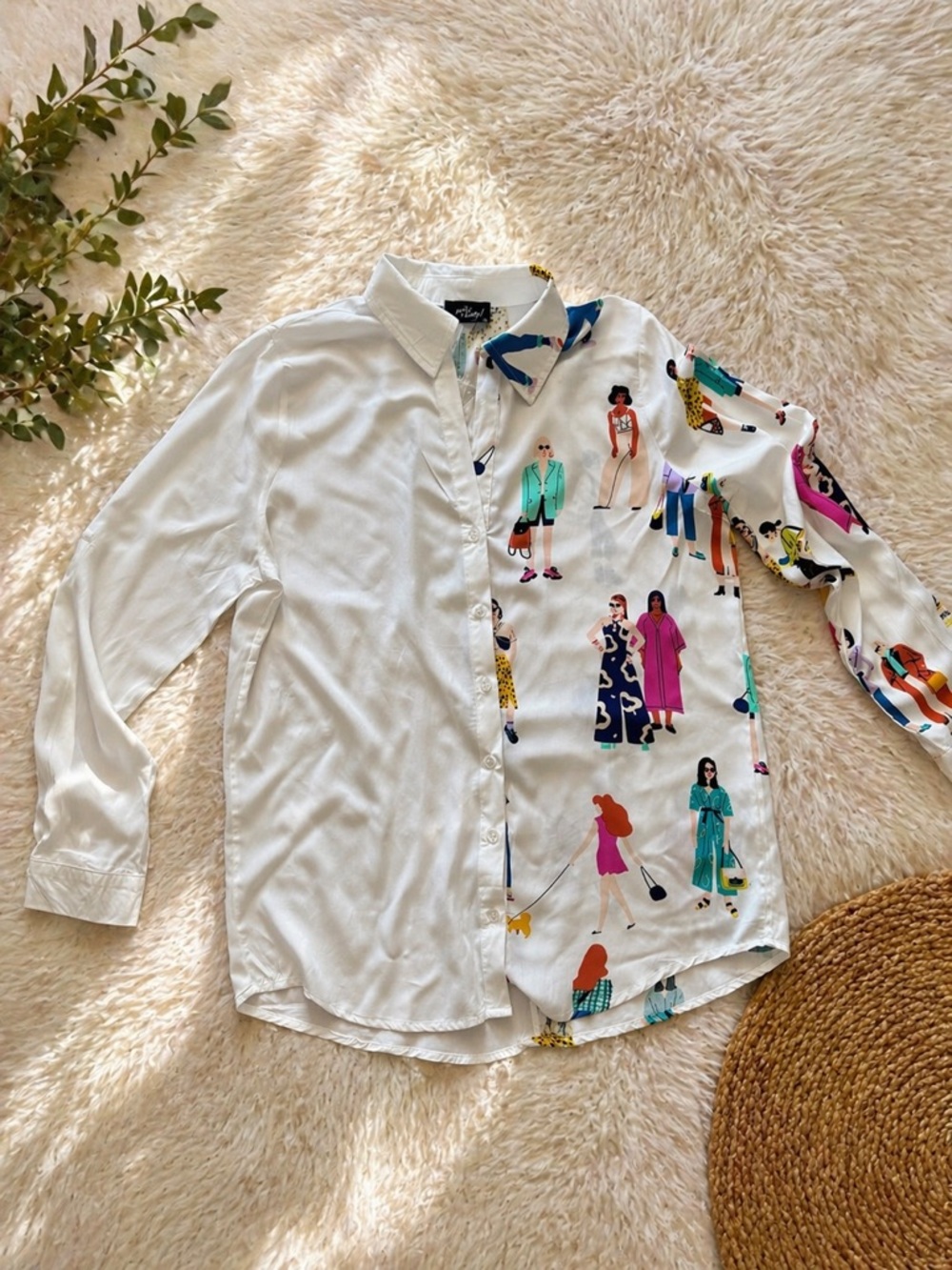 White Button-Up Shirt with Colorful Figure Print Panel